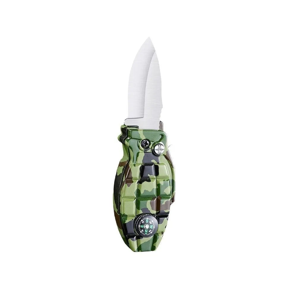 Grenade-shaped windproof metal lighter with knife, Antique Silver brushed finish