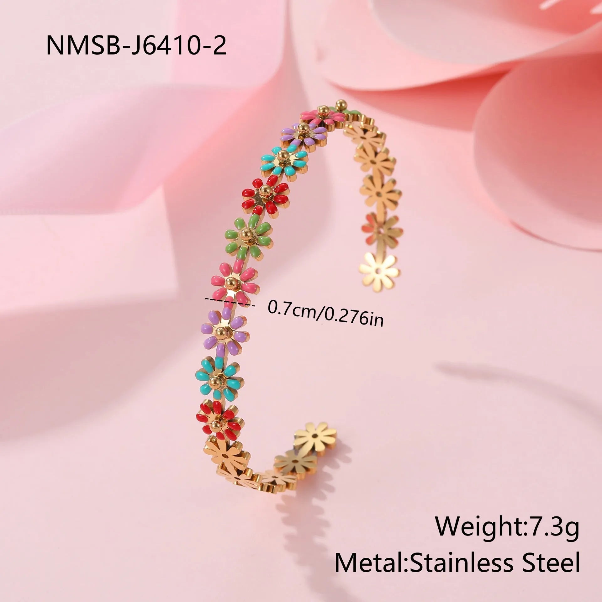 Stainless steel bracelet with oil dripping colour finish in flower and geometric shape, electroplated