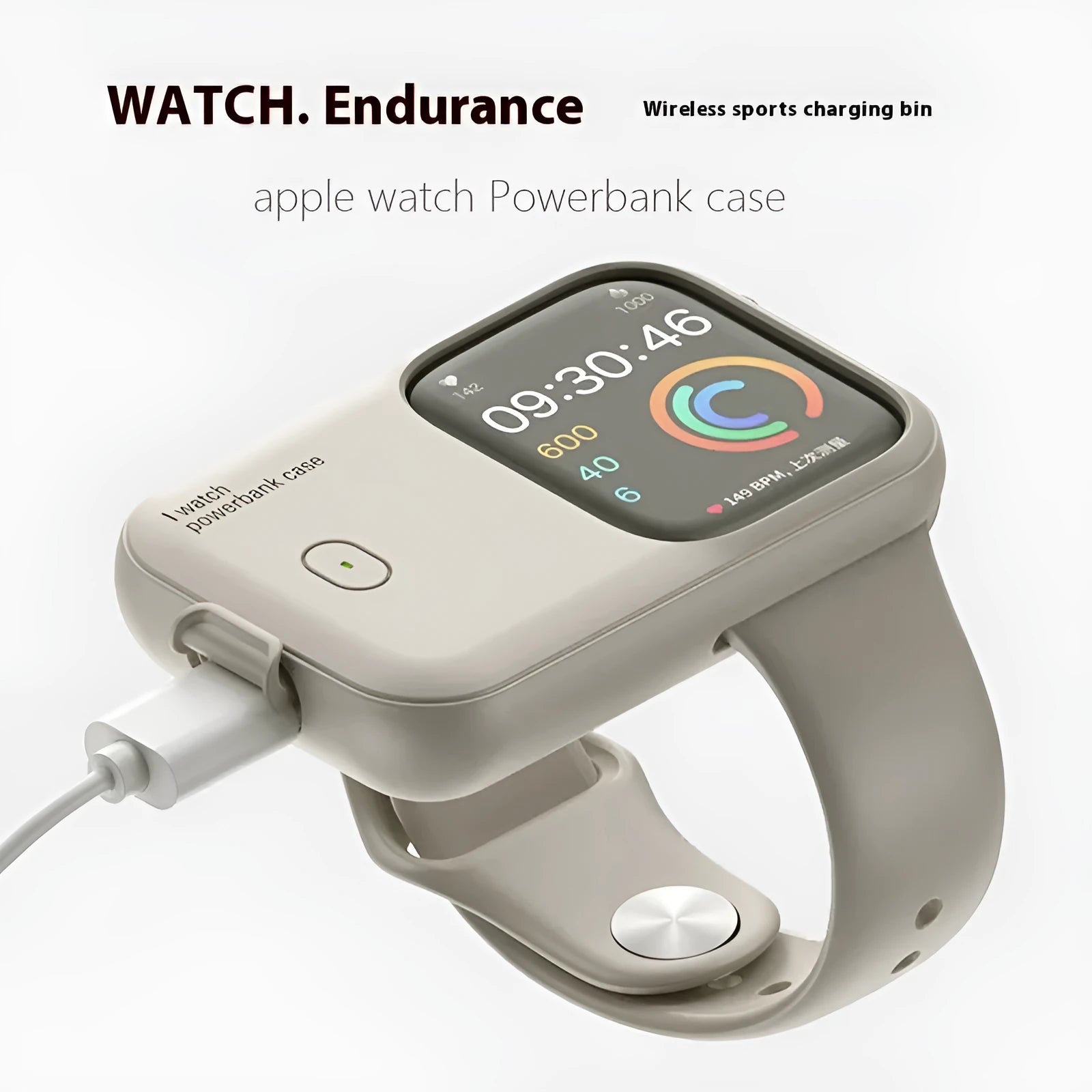 Portable wireless charging case for Apple Watch in brown, midnight blue, and starlight colours.