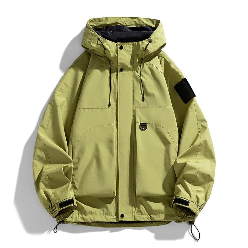 Men's black hooded windproof waterproof jacket, long sleeve regular length coat.