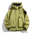 Men's black hooded windproof waterproof jacket, long sleeve regular length coat.
