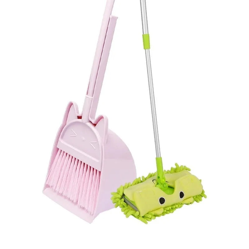 Purple, green, and beige plastic broom and dustpan set with rotating holder.