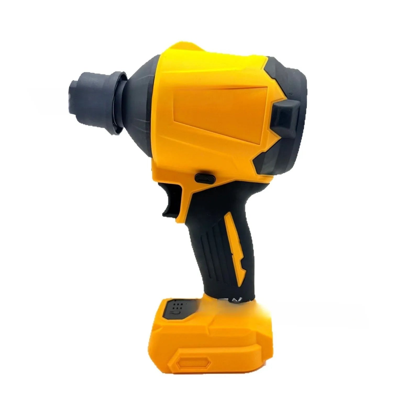 Handheld lithium battery snow blower and dust cleaner with bare metal head.