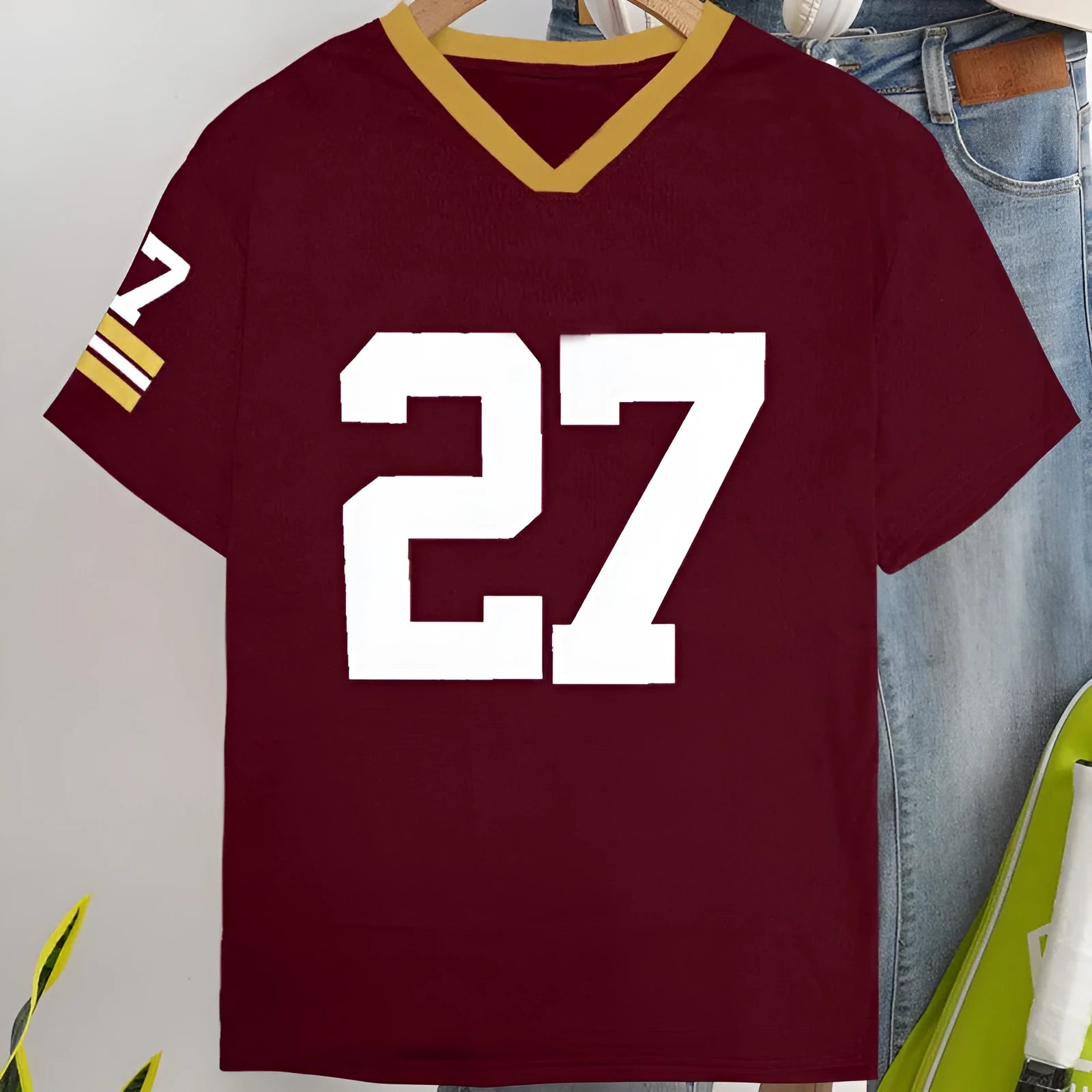 Green and red loose fit cotton T-shirt with white contrast digital letter printing