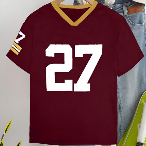 Green and red loose fit cotton T-shirt with white contrast digital letter printing