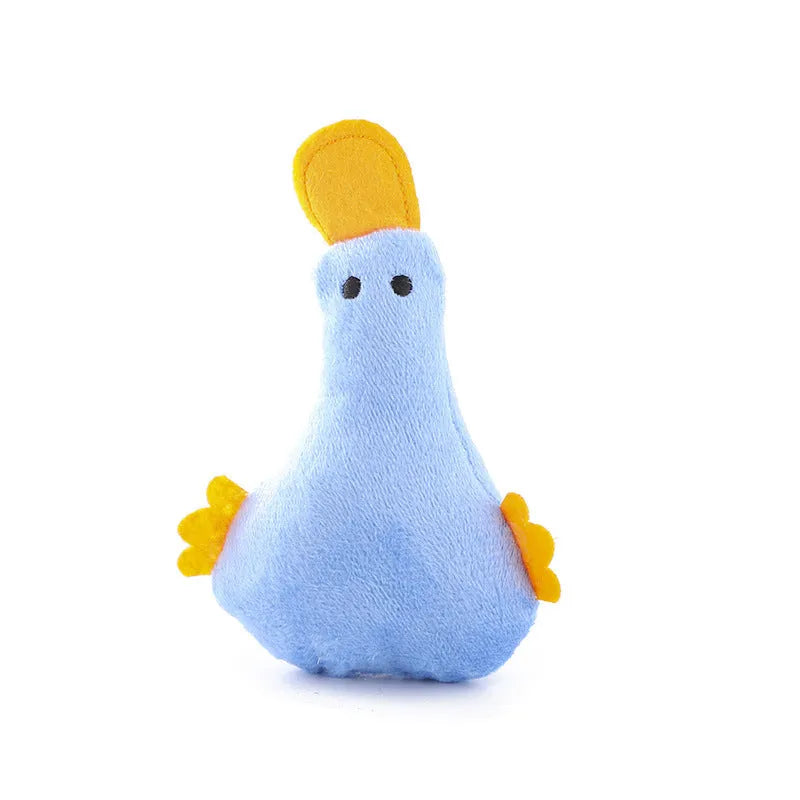 Yellow duck plush pet toy with squeaker, catnip filling, and internal rattle paper for cats and dogs