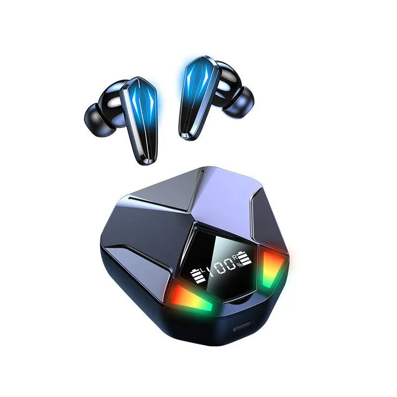 TWS Bluetooth gaming earphones with low latency, stereo earbuds, battery display, and voice control