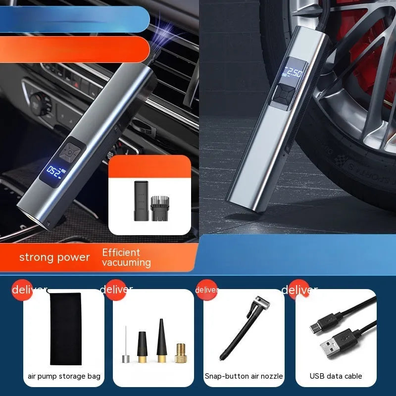 Compact black wireless car tyre inflator and vacuum cleaner with digital screen and LED light