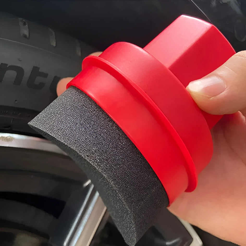 Hand-held black car tyre polishing sponge brush with lid, dimensions 85mm by 120mm, for applying tyre dressings.