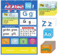 Alphabet learning table chart measuring 60x40cm with word, letter, picture and song cards for toddlers.