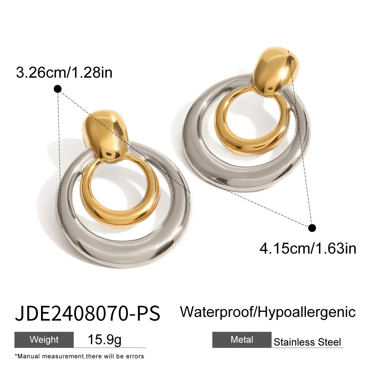 Golden round stud earrings with double-layer hollow geometric design on titanium steel