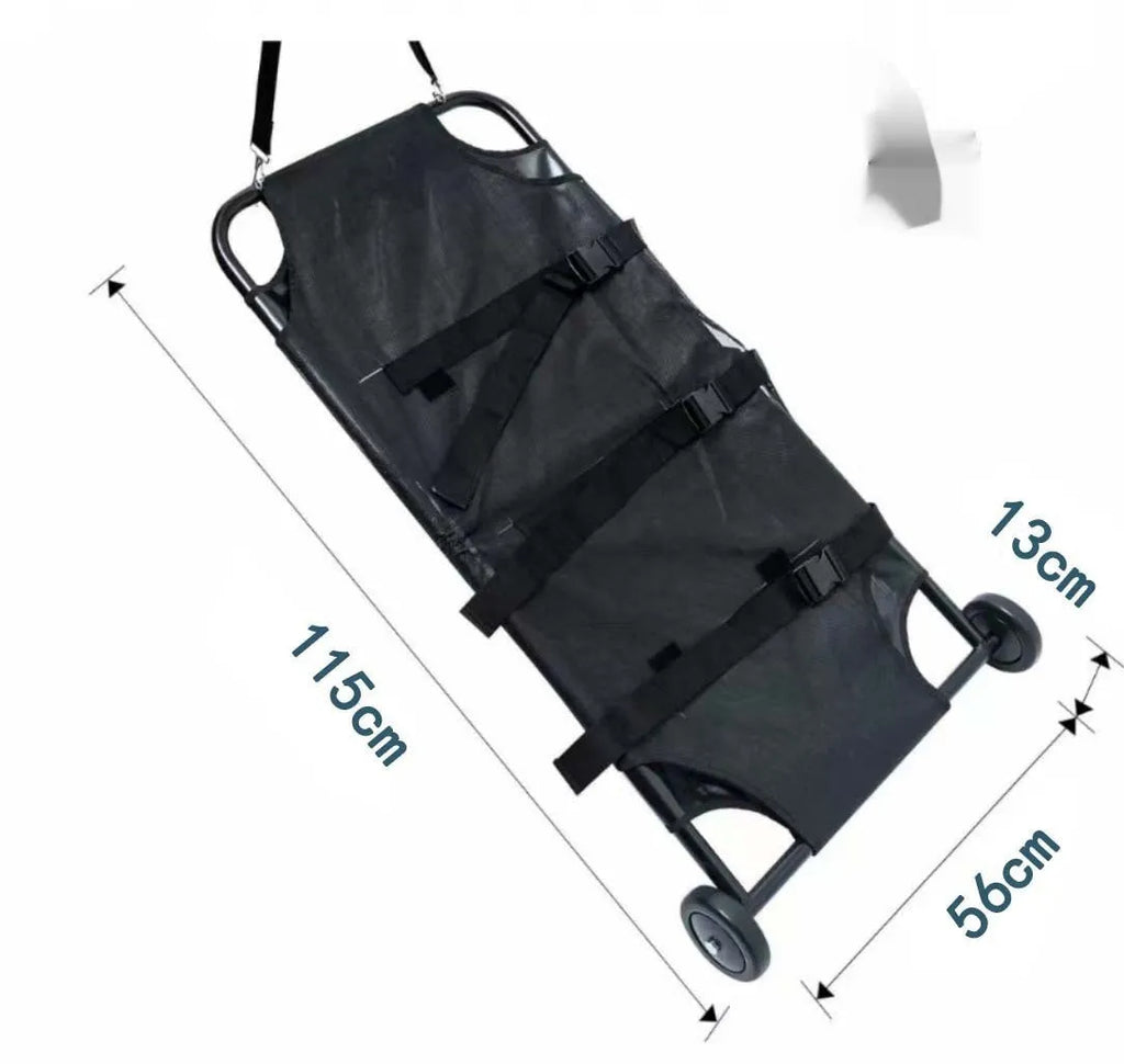 Large black foldable aluminium pet stretcher for emergency dog transport with collapsed frame