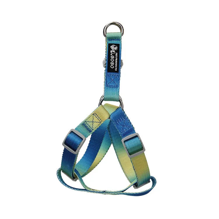 Gradient colour nylon dog leash and harness set shown in pink and blue combination.