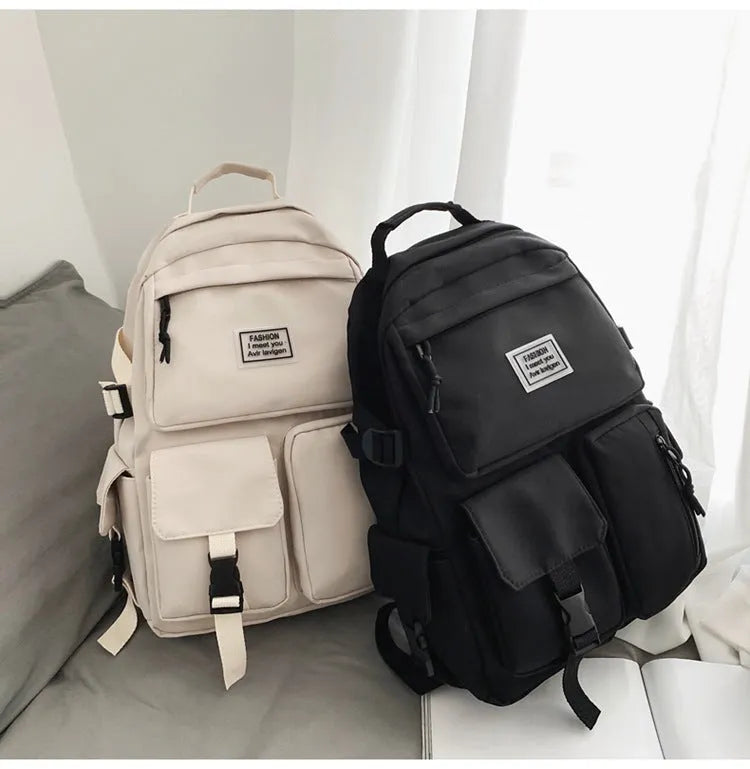 31cm black and white nylon student backpack with computer compartment and outer pockets