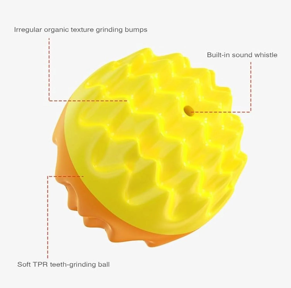 Blue rubber dog ball with spiky texture for dental cleaning and squeaker inside