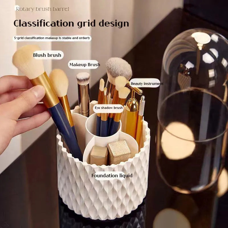 White rotating transparent acrylic makeup brush storage holder with dustproof lid on desktop