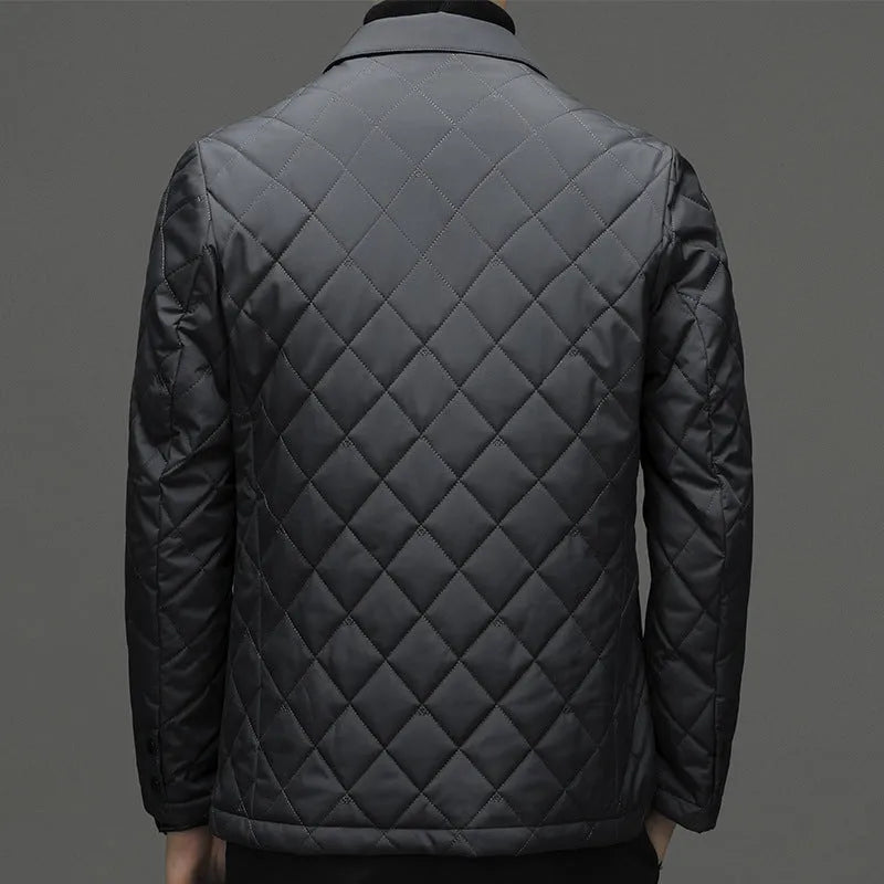 Men's thick winter down jacket with lapel collar in black, dark grey, or shrimp blue colour