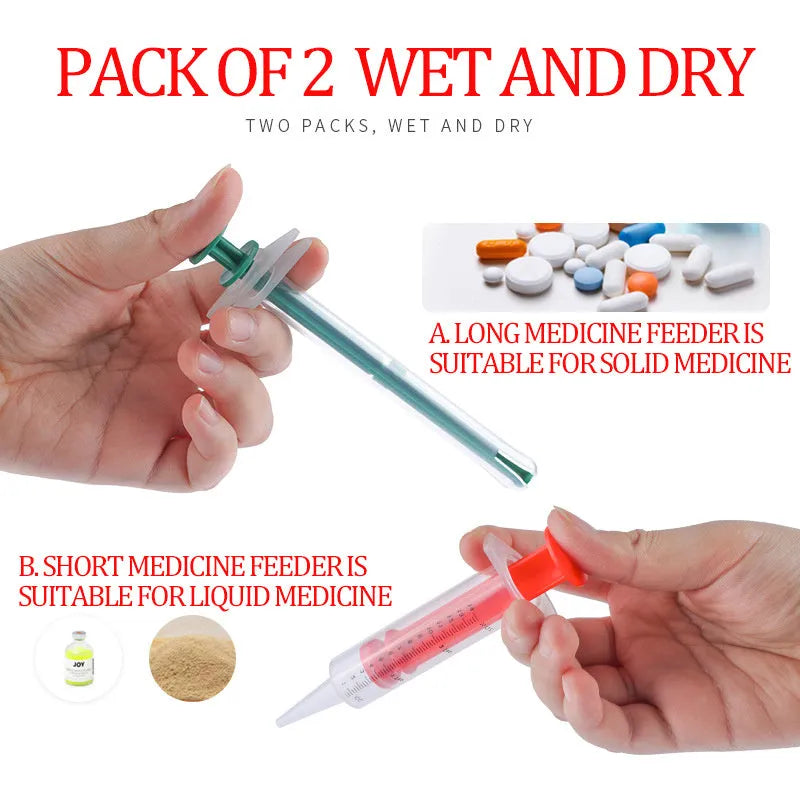Two pet pill shooter syringes with soft silicone tips for administering tablets to cats and dogs