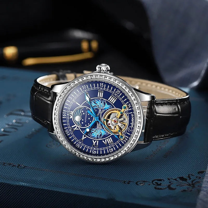 Men's waterproof mechanical watch with stainless steel case, transparent back showing movement, and mineral glass crystal.