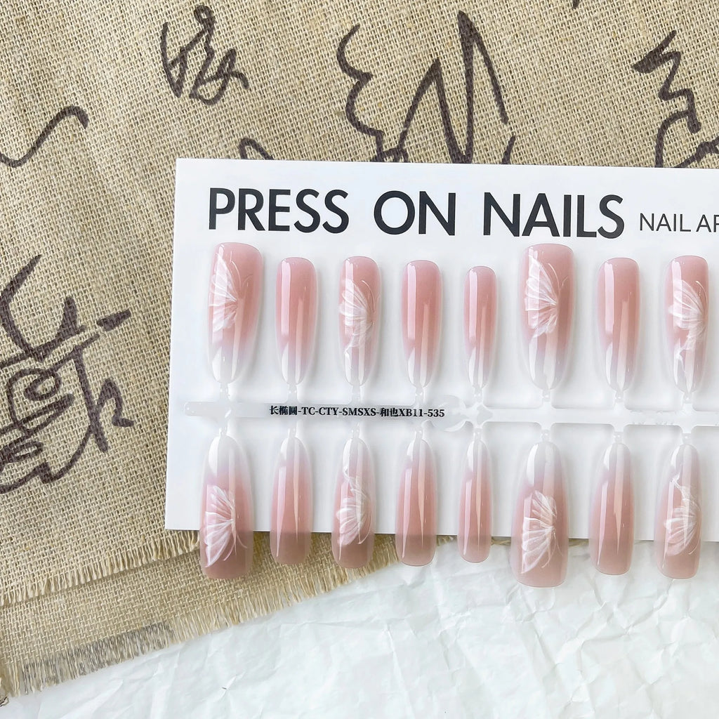 Chinese style butterfly oval almond press-on nails 40pcs matte and glossy finish options on display