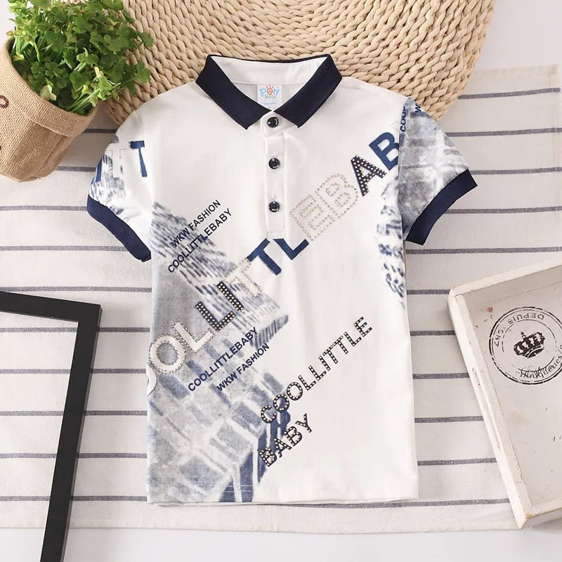 Children's short sleeve cotton polo shirt with lapel collar in solid colours