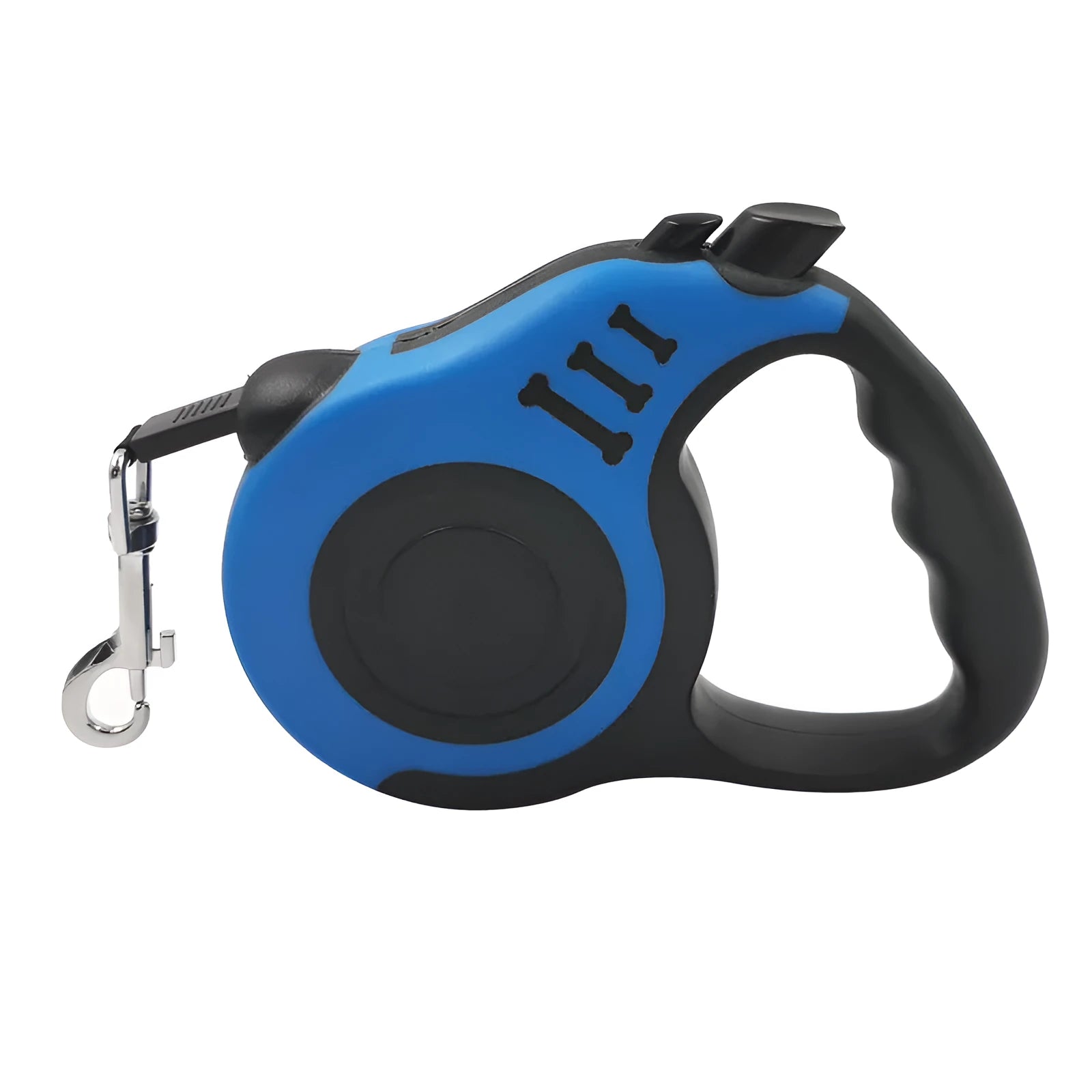 Pet dog automatic retractable leash with bone print pattern, nylon strap, and plastic housing