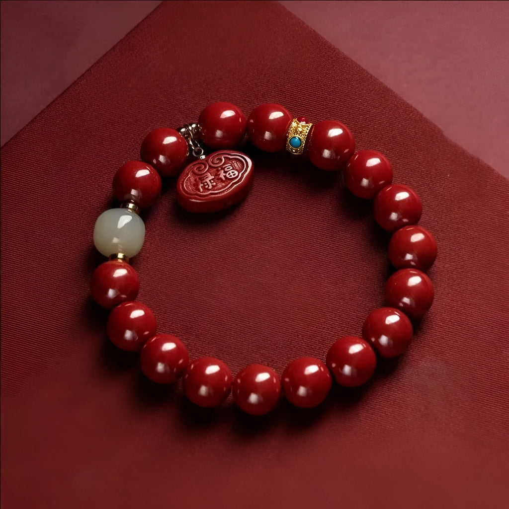 Natural cinnabar Emperor Sandstone Ping An Fu Lu bracelet in 8mm or 10mm bead size.