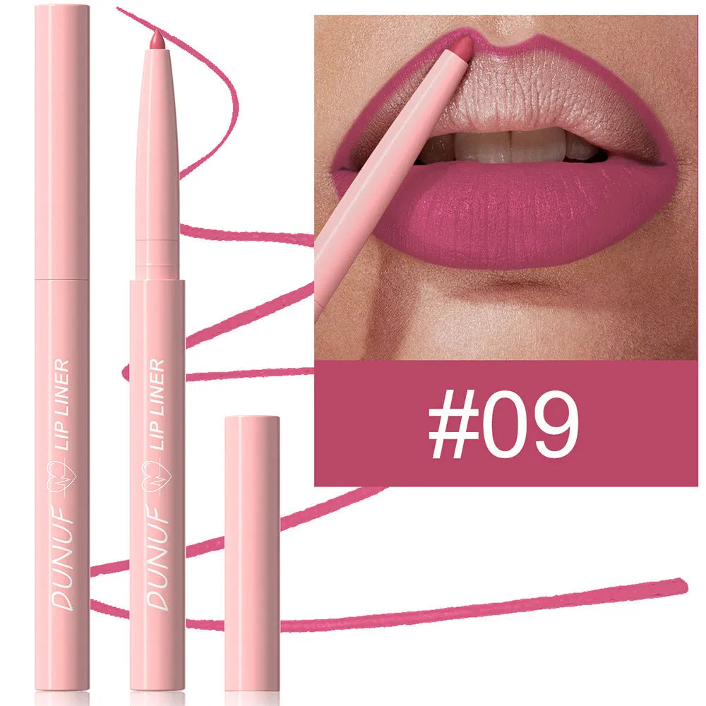 Velvet matte lip liner pencil in a choice of 12 colours for easy application.