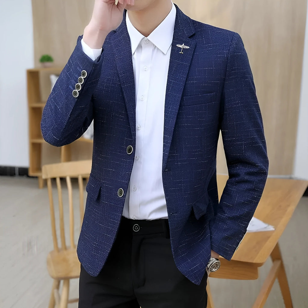 Men's slim-fit viscose suit jacket with stand-up collar in navy blue, front view