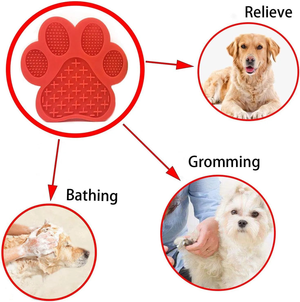 Blue bone-textured silicone dog licking mat with suction cups on back, shown on a tiled wall.
