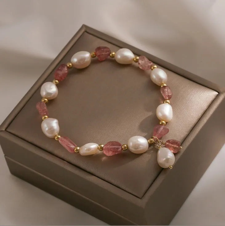 Handmade strawberry quartz crystal bracelet for women showing five natural stone design variations