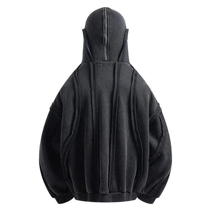 Black men's cotton hooded cardigan coat with retro abstract pattern and zip closure