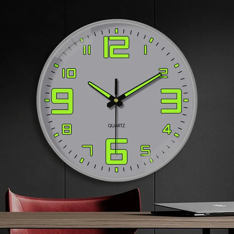 20cm round modern wall clock with luminous dial and black Arabic numerals on white face
