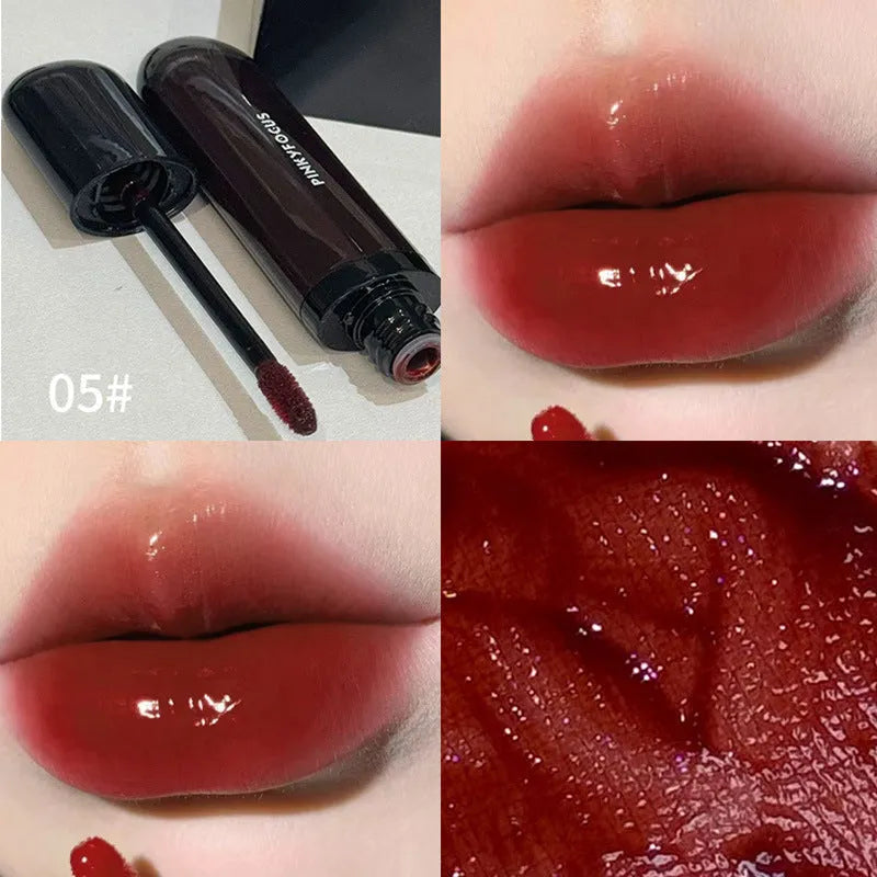 Mirror Lip Paint lacquer tube in six dark berry and tomato red shades for glossy, durable wear.