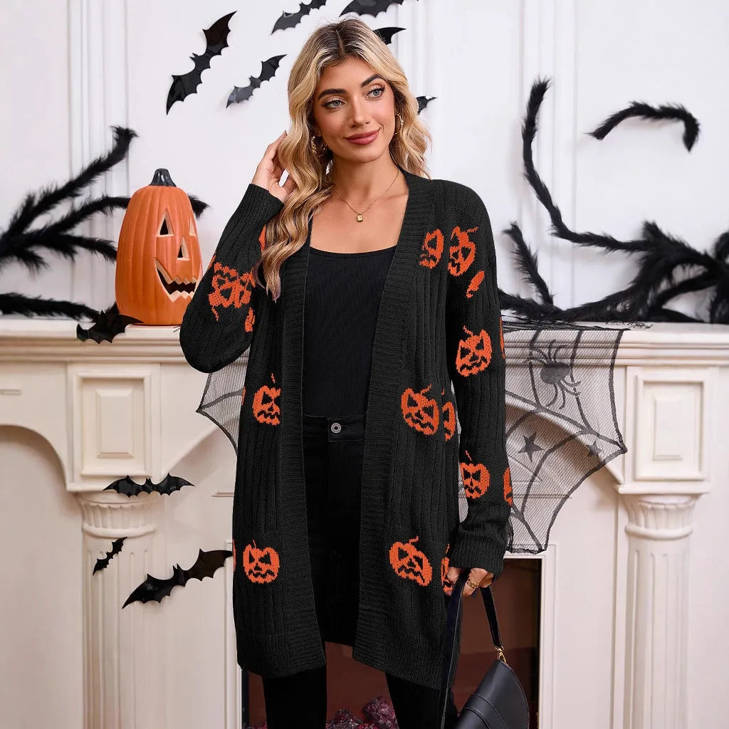 Women's black Halloween cardigan with knitted pumpkin head pattern, straight fit with regular sleeves