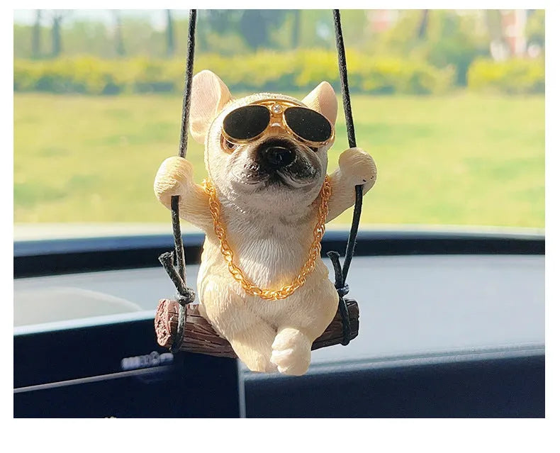 Resin cartoon bulldog car hanging ornament for rearview mirror in black, white, or yellow.