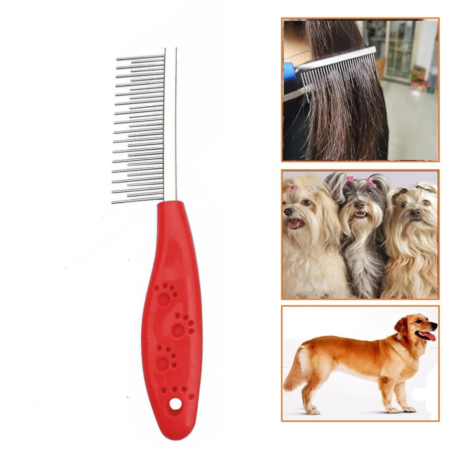 Red pet grooming comb with stainless steel short and long teeth on a plastic anti-slip handle.