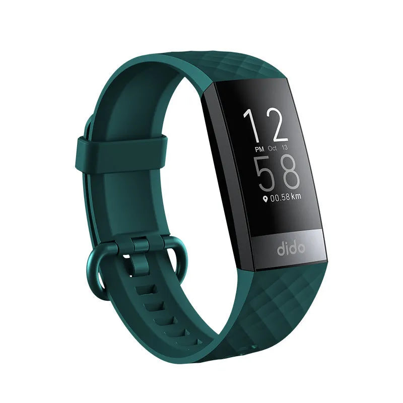 Black smart bracelet with 1.1-inch screen showing health metrics like heart rate and ECG, on a wrist.