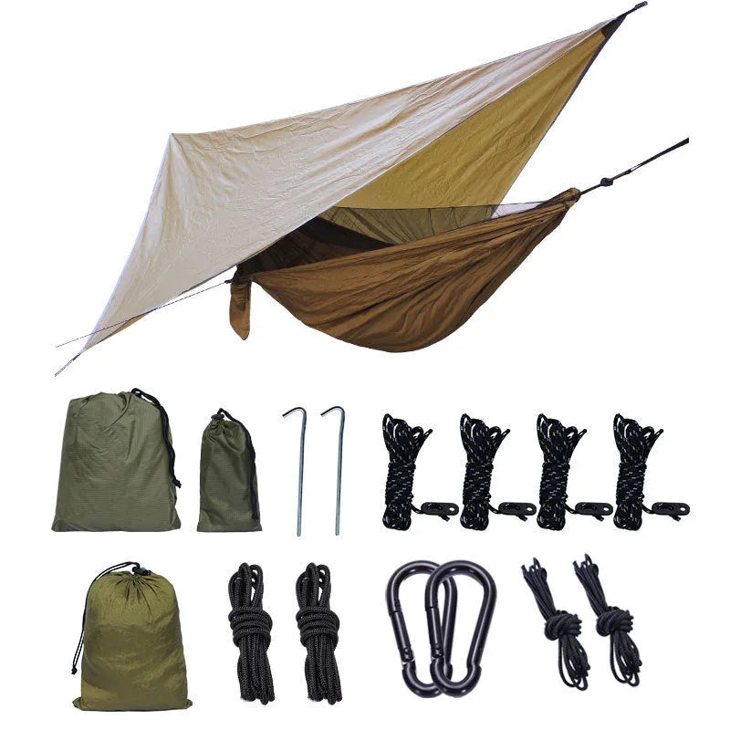 Portable camping hammock with nylon rope surface and integrated mosquito net, with a large polyester plaid diamond canopy in army green colour