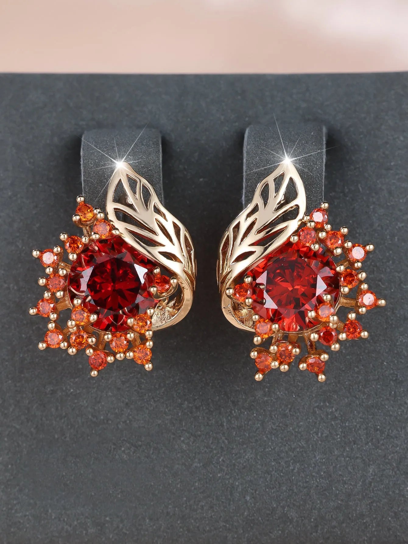 Round flowers feather design rose gold zircon earrings with coloured stone centre options