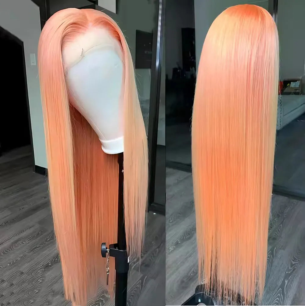 Light orange long straight front lace synthetic wig with side bangs on a model.