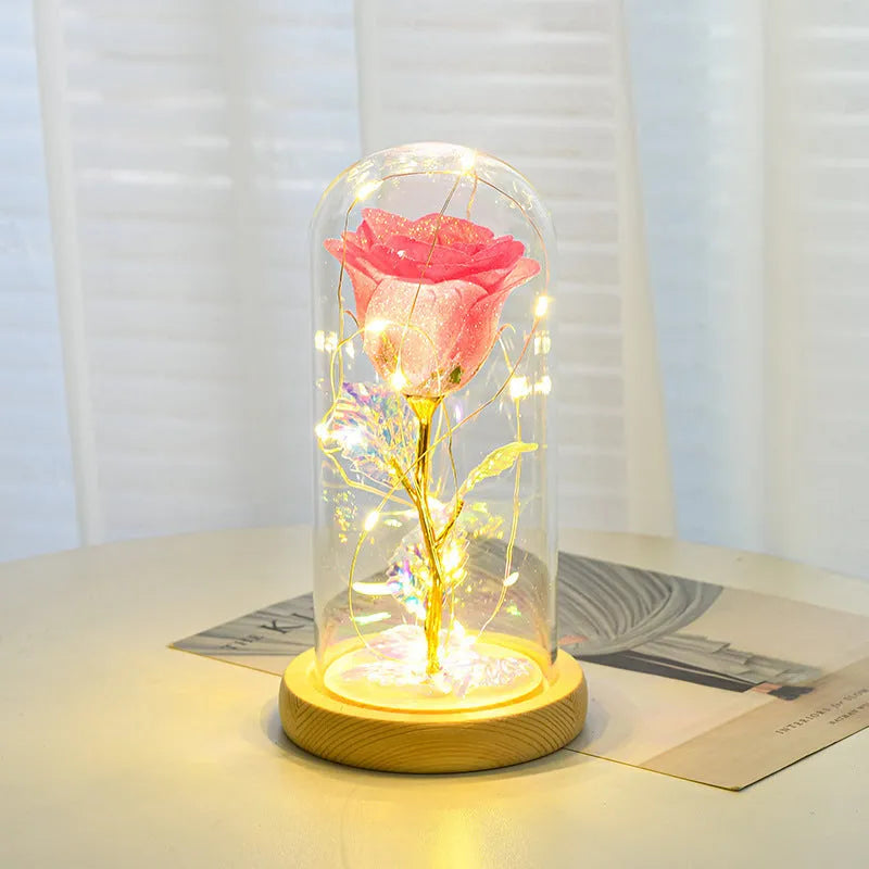 Eternal rose in glass cover with LED light on, seven colour options, handmade copper wire stem