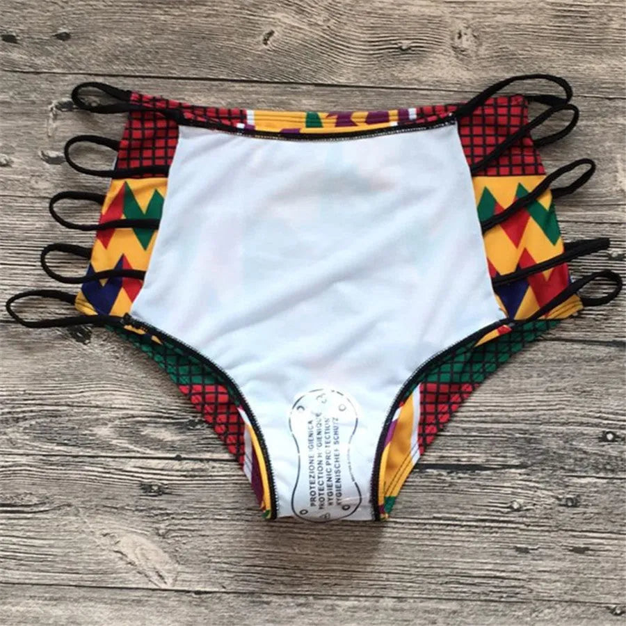 Women's digital print split bikini swimsuit with high-waist backless briefs in quick-drying fabric