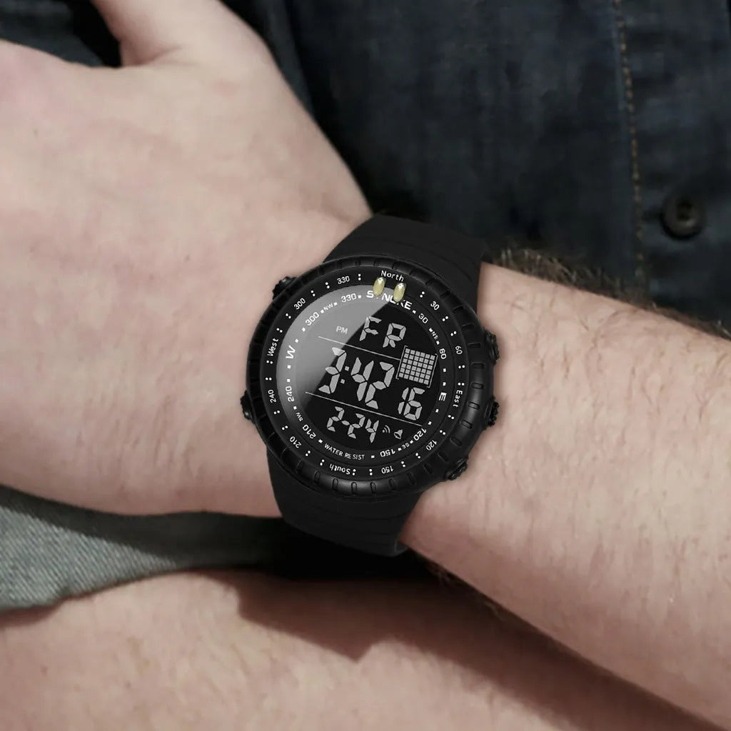 Black waterproof electronic sports watch for men with large plastic case and PU strap.