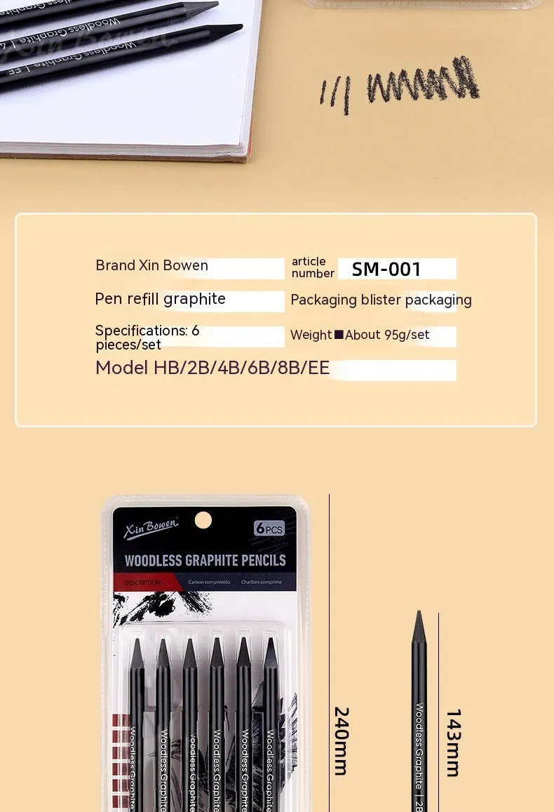 Set of six wood-free graphite sketching pencils in HB, 2B, 4B, 6B, 8B and EE grades