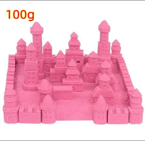 Kinetic space sand in multiple colours including blue, green, orange, pink, purple, red, rose, and sand colour in plastic bag packaging