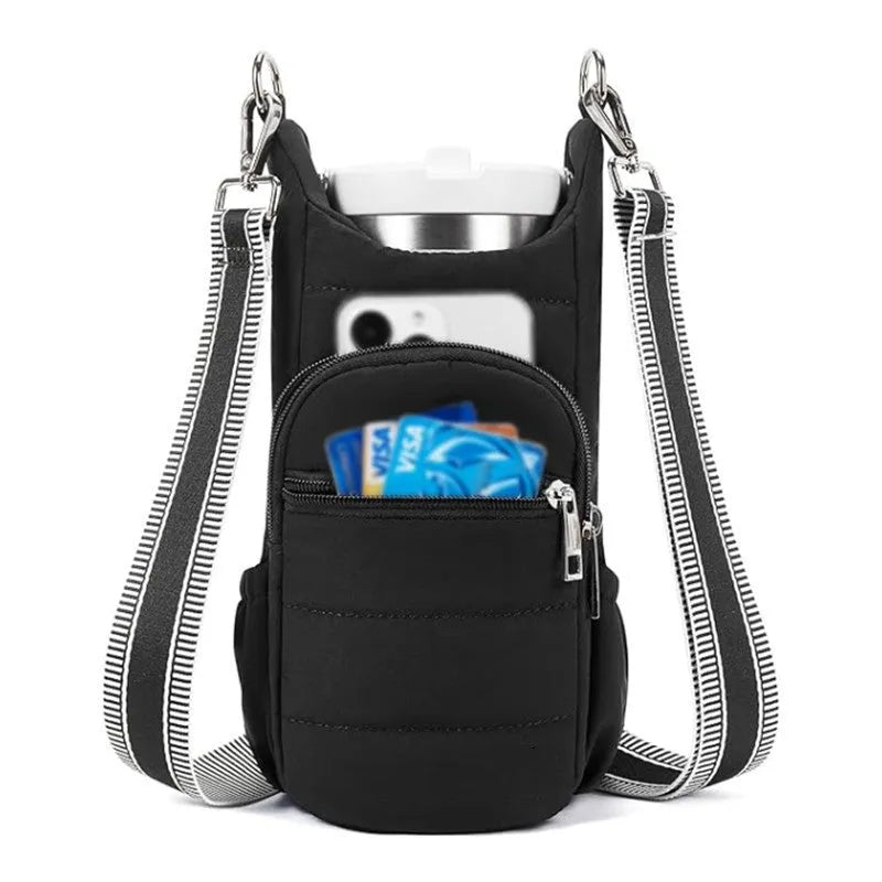 Cloth cycling water bottle bag in beige colour positioned on bicycle frame