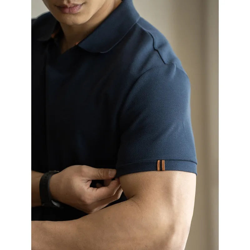 American-style short-sleeved polo shirt in blue, black, or white on a hanger.