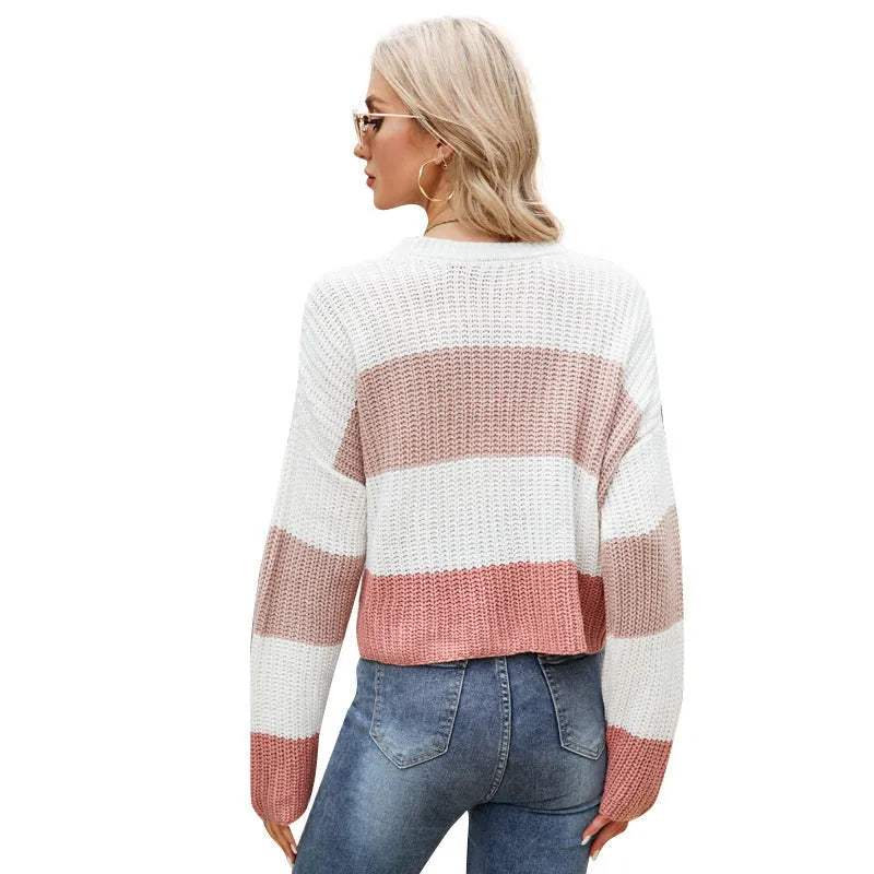 Women's striped casual pullover sweater in pink, dark blue or yellow acrylic fabric with short length