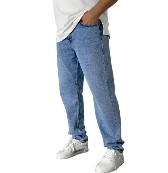 Men's cotton cowboy bootcut trousers in dark blue with stone wash finish, slightly flared leg